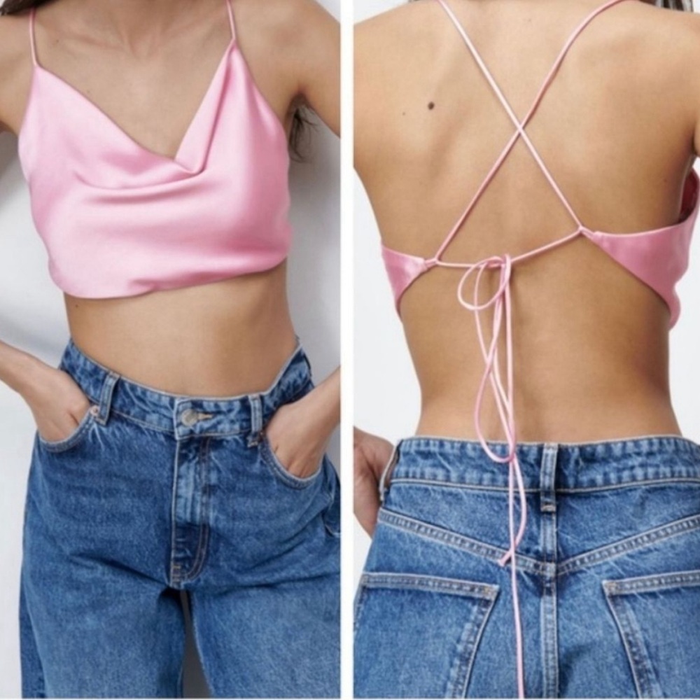 Zara Pink Satin tie open back crop top